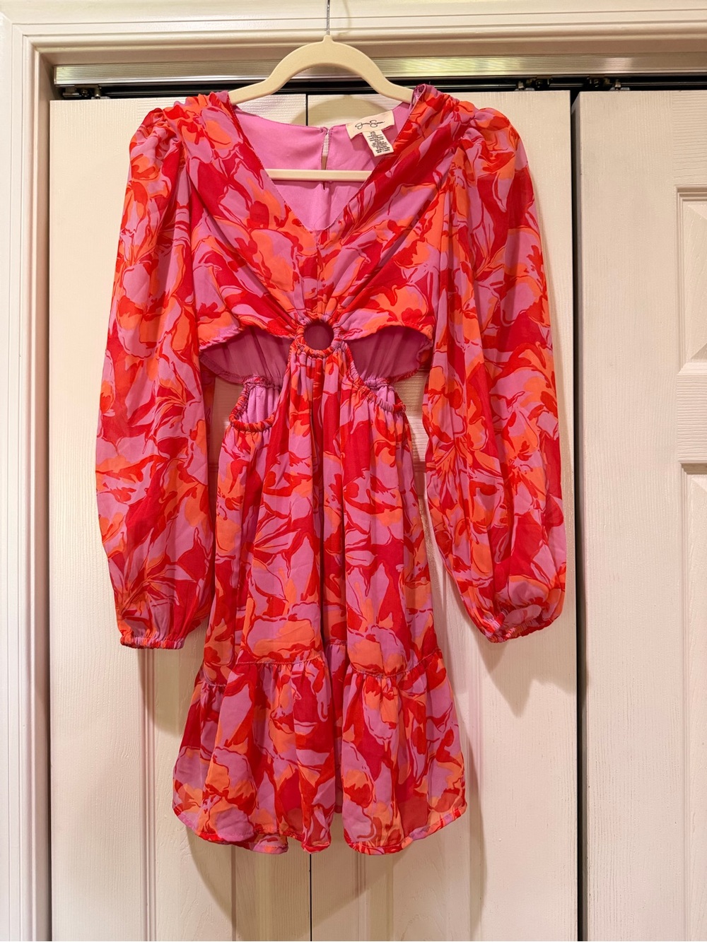 Jessica Simpson Floral CutOut Mini Dress Pink Red Orange O-Ring Size XS J363 - Picture 2 of 7